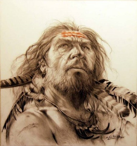 Neanderthaler with feathers by Mauro Cutrona