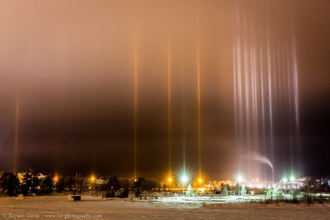 pillars of light in winter in Lappland (Finland).