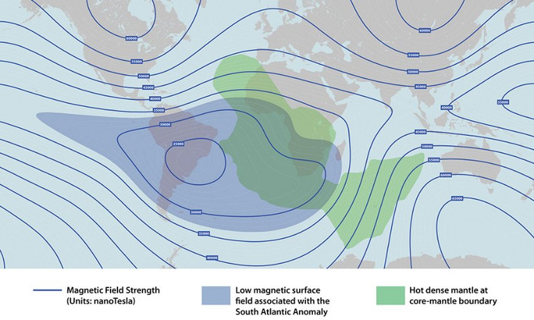 weakness zone of geomagnetic field - 1,000 time normal radiation at flight level